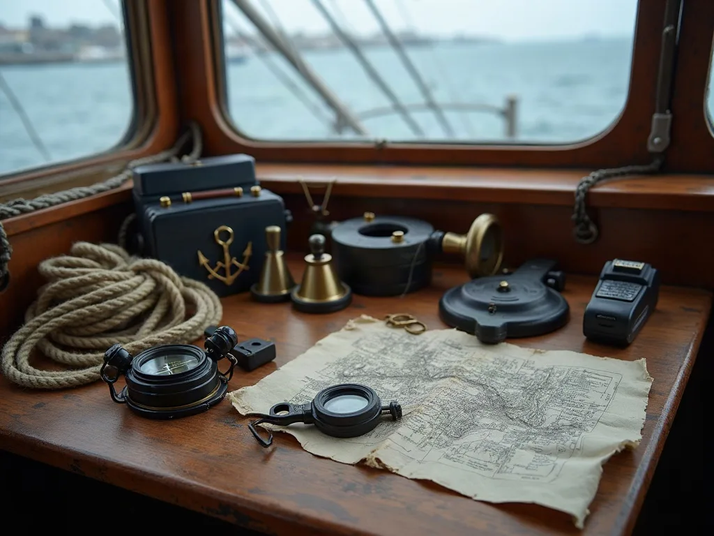 Sur la table en bois de la timonerie, compas, loupe, cordage et carte marine usée face au port.