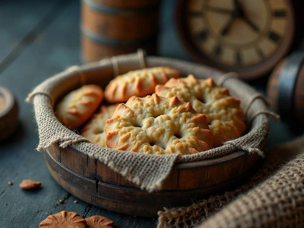 Biscuits de mer dorés posés sur une toile de jute, dans un couvercle de tonneau en bois usé.