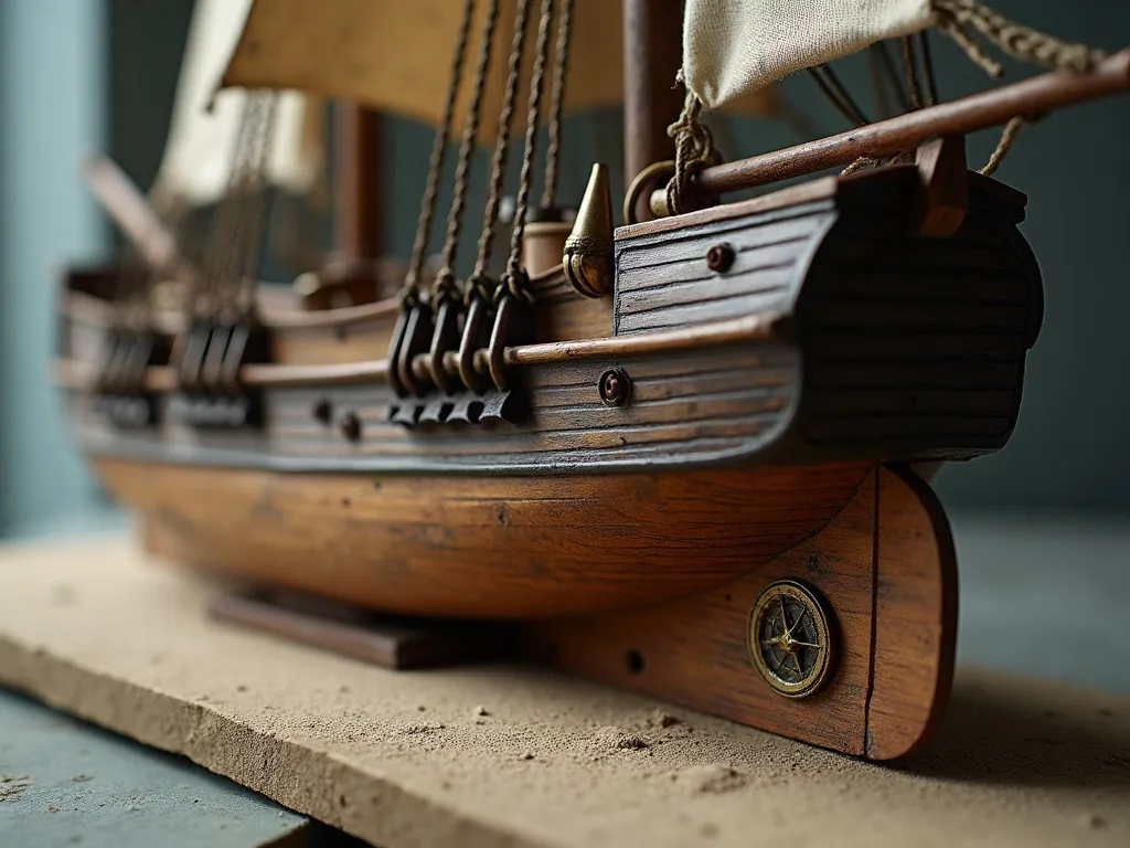 La coque à fond plat du modèle en bois repose sur une planche sablée, canons et voiles de toile visibles.
