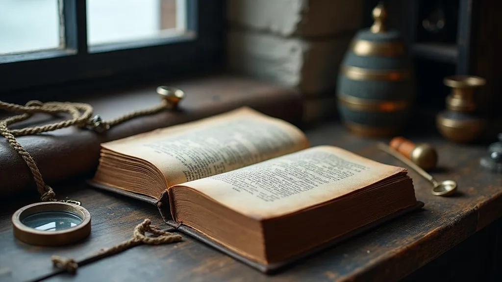 Livre relié en cuir ouvert sur une table en bois sombre, près d'une loupe et d'objets en laiton, sous la lumière d'une fenêtre.