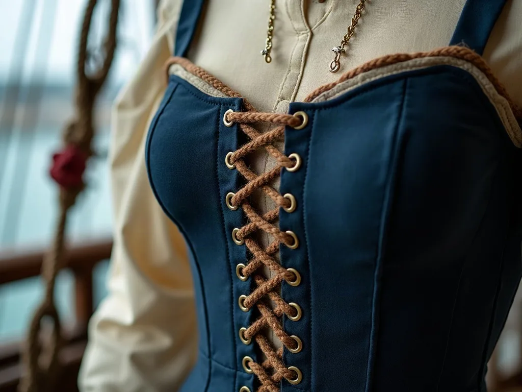 Le laçage avant du corsage bleu marine, cordon tressé passé dans des œillets métalliques sur une chemise écrue.