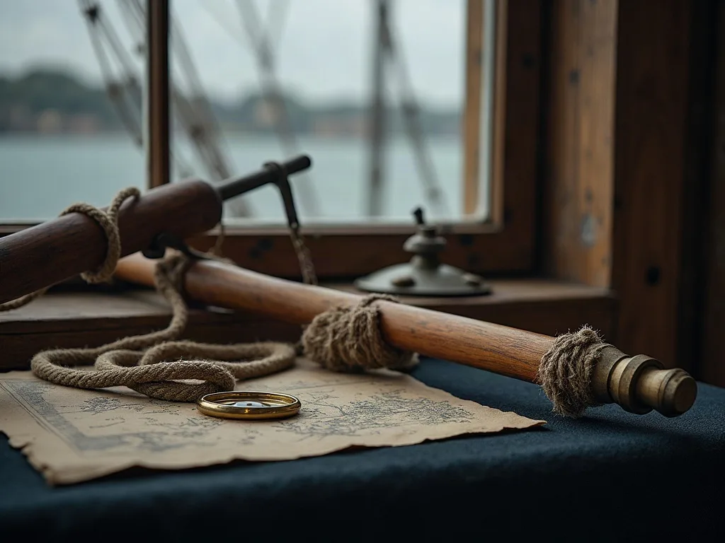 Bâton de Jacob en bois cerclé de cordage et cercle de laiton posés sur une carte marine, près d'une fenêtre donnant sur l'eau.