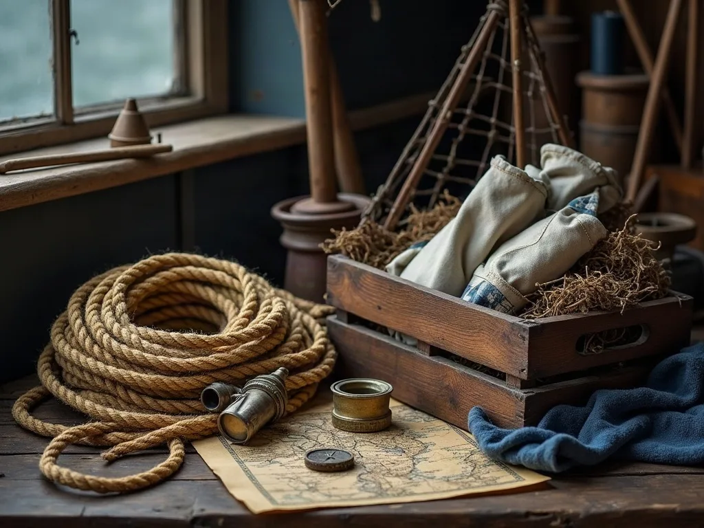 Le butin réel du quotidien côtier: cordage lové, filet, sacs de toile en caisse, longue-vue et carte sur les planches.