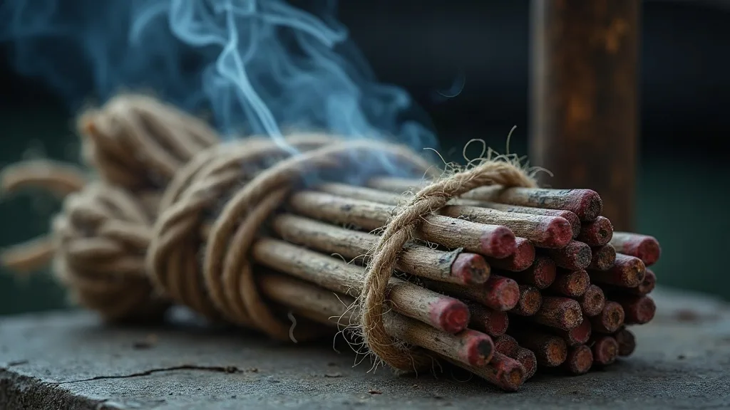 Un faisceau de mèches lentes en chanvre, ligaturé de corde, fume doucement sur une dalle de pierre.