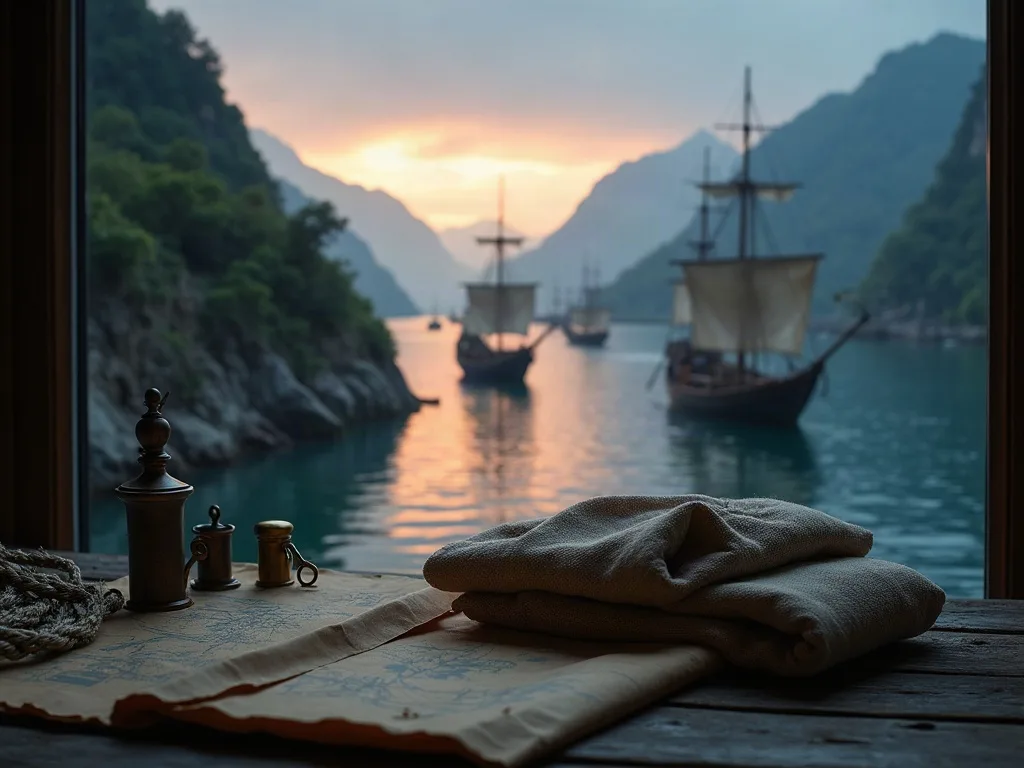 Tissu gris plié sur une table en bois face à des voiliers sur un fleuve encadré de falaises verdoyantes au coucher du soleil.
