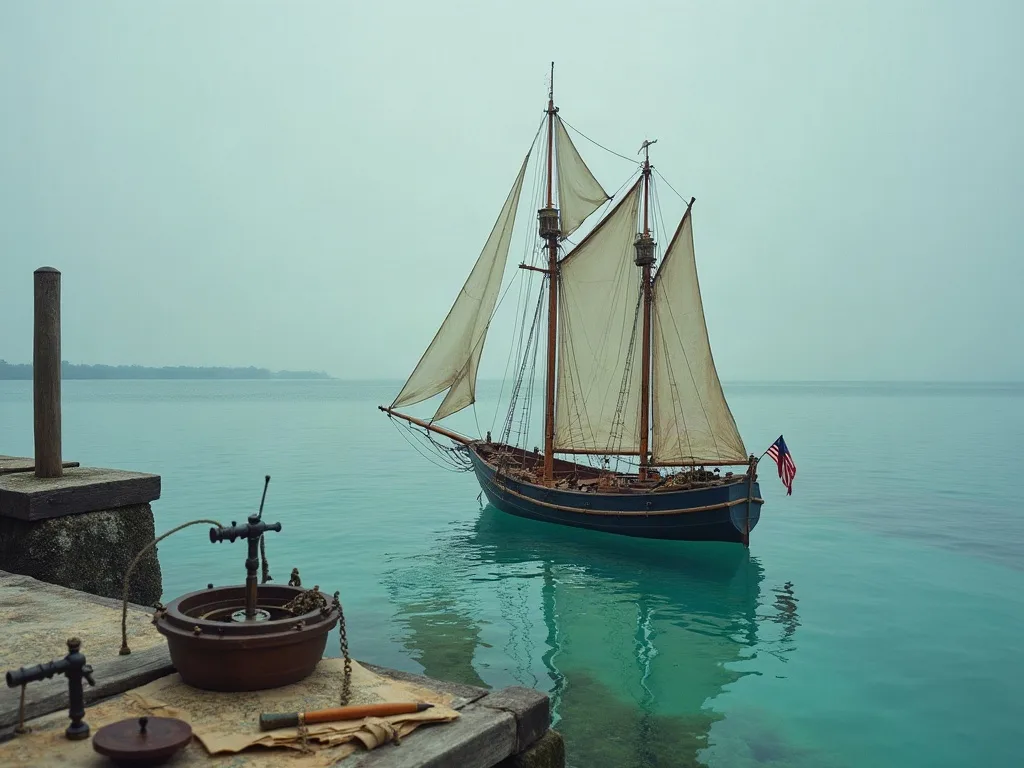 Voilier à deux mâts et long beaupré, voiles claires déployées sur une eau turquoise, vu depuis un quai de pierre.