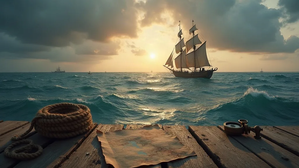 Voilier à trois-mâts sur l'horizon au coucher du soleil, avec cordes et boussole au premier plan sur un quai en bois.