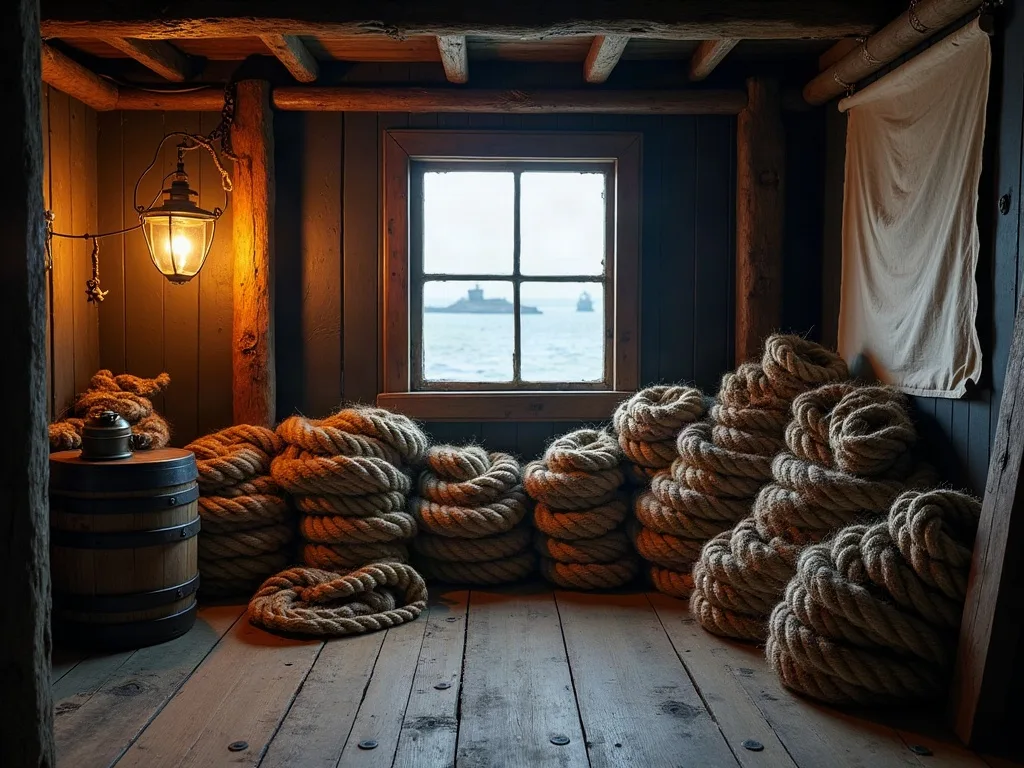 Cabine de navire avec poutre de bois brut, cordages enroulés au sol, lanterne éclairée et vue sur la mer par la fenêtre.