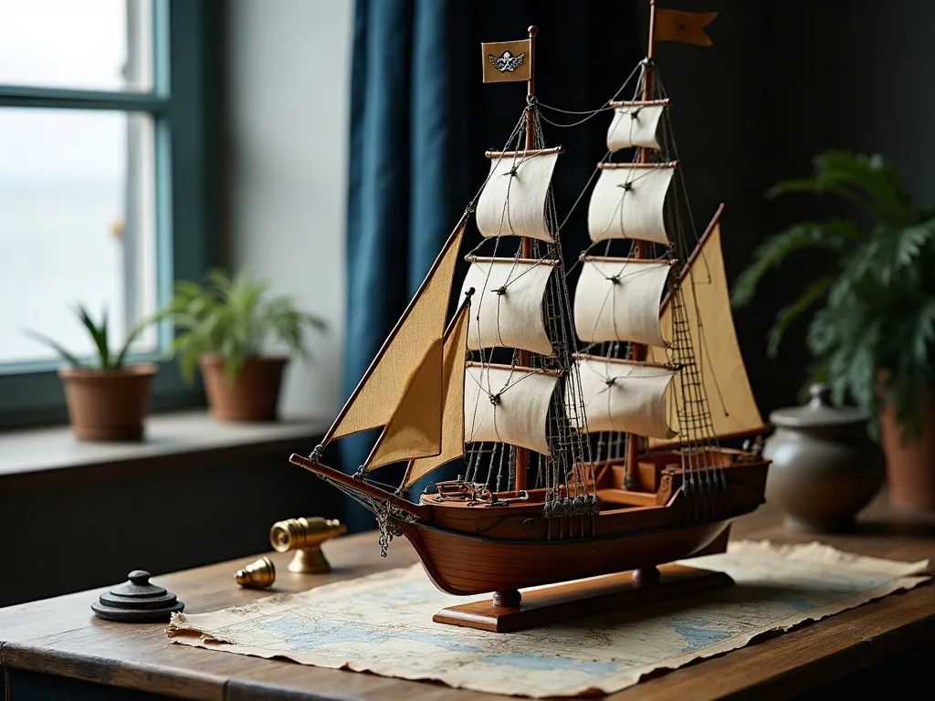 Maquette en bois d'un brick à deux mâts et gréement carré, posée sur une carte marine près d'une fenêtre.