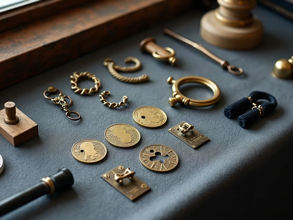 Sur un feutre gris, monnaies frappées, boucles de chaussure, chaînettes de laiton et pièces de gréement disposées pour inventaire.