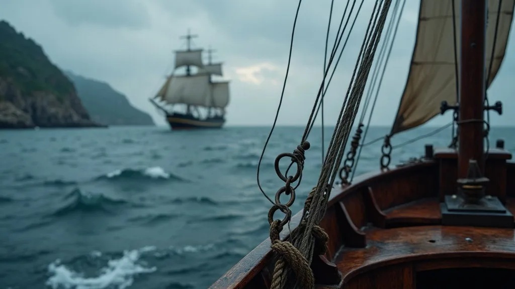 Chaîne et cordages d'un navire au premier plan, voilier marchand visible à l'horizon sur une mer agitée.