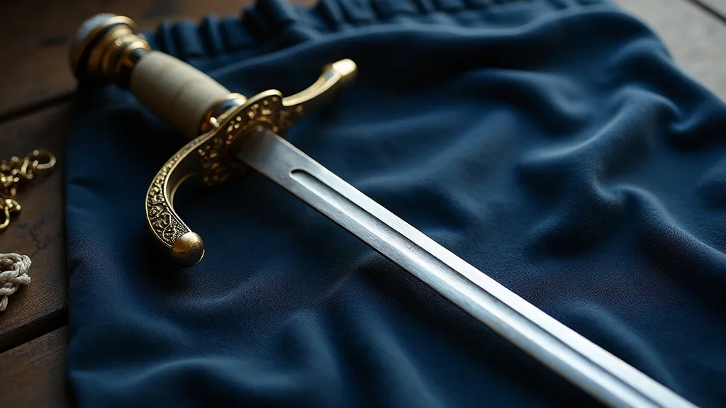 Épée droite de cérémonie à garde coquille et poignée dorée, posée sur un velours bleu nuit.