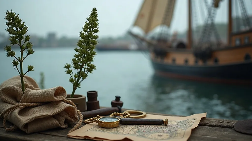 Sur un quai en bois, sac de toile, boussole en laiton et carte marine devant un voilier ancré dans la brume.