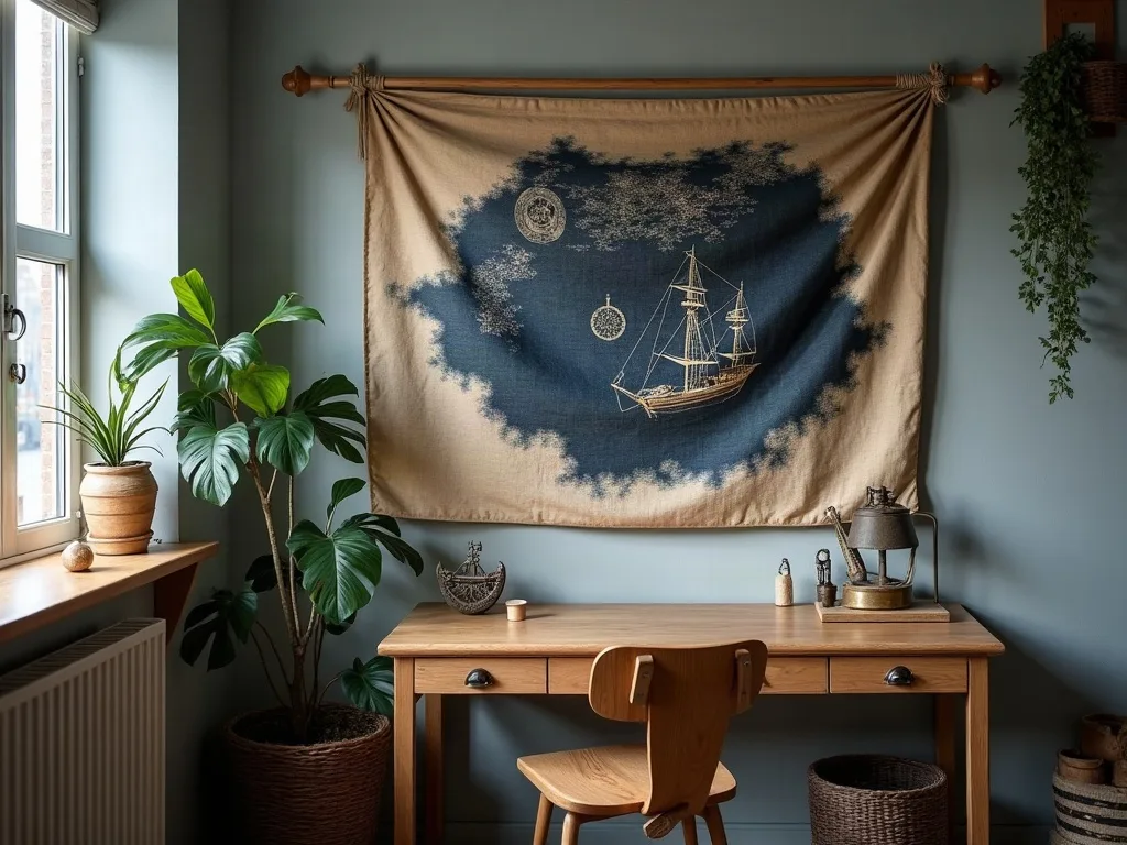 Toile de lin tendue sur une tringle en bois, motif de galion brodé au-dessus du bureau en chêne clair.