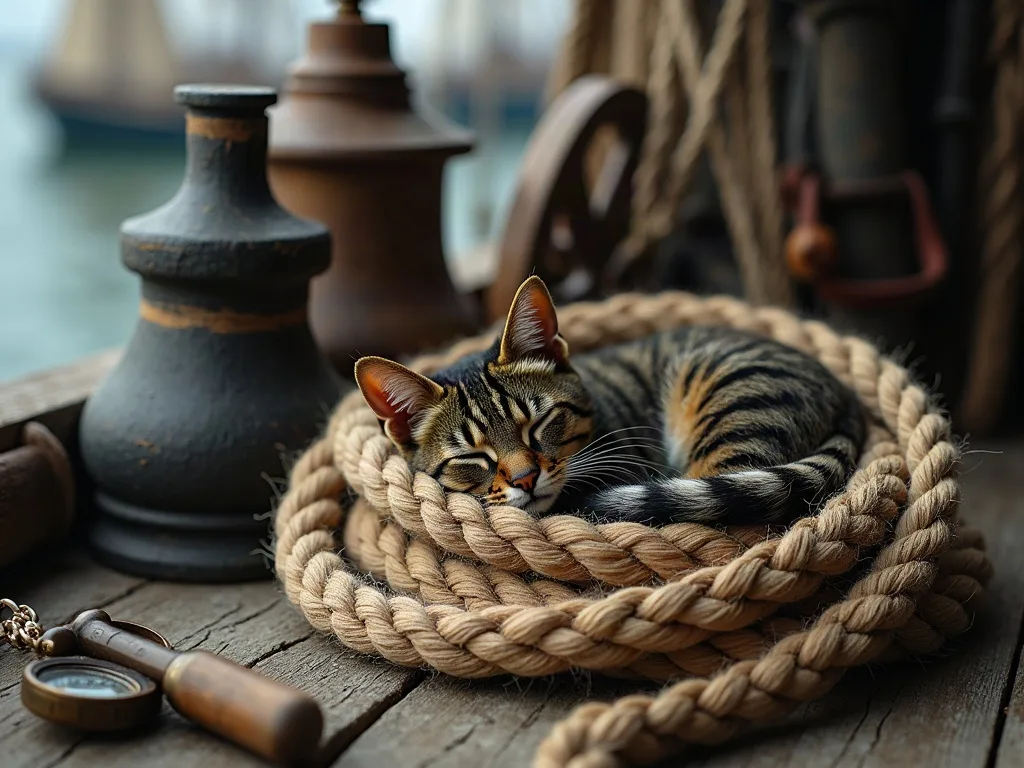 Chat tigré endormi au creux d'un cordage de chanvre lové sur les planches usées d'un pont.