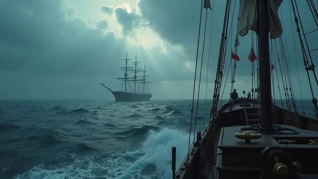 Voilier aux gréements visibles affrontant une mer agitée, avec un navire à voiles carrées silhouetté à l'horizon sous un ciel orageux.