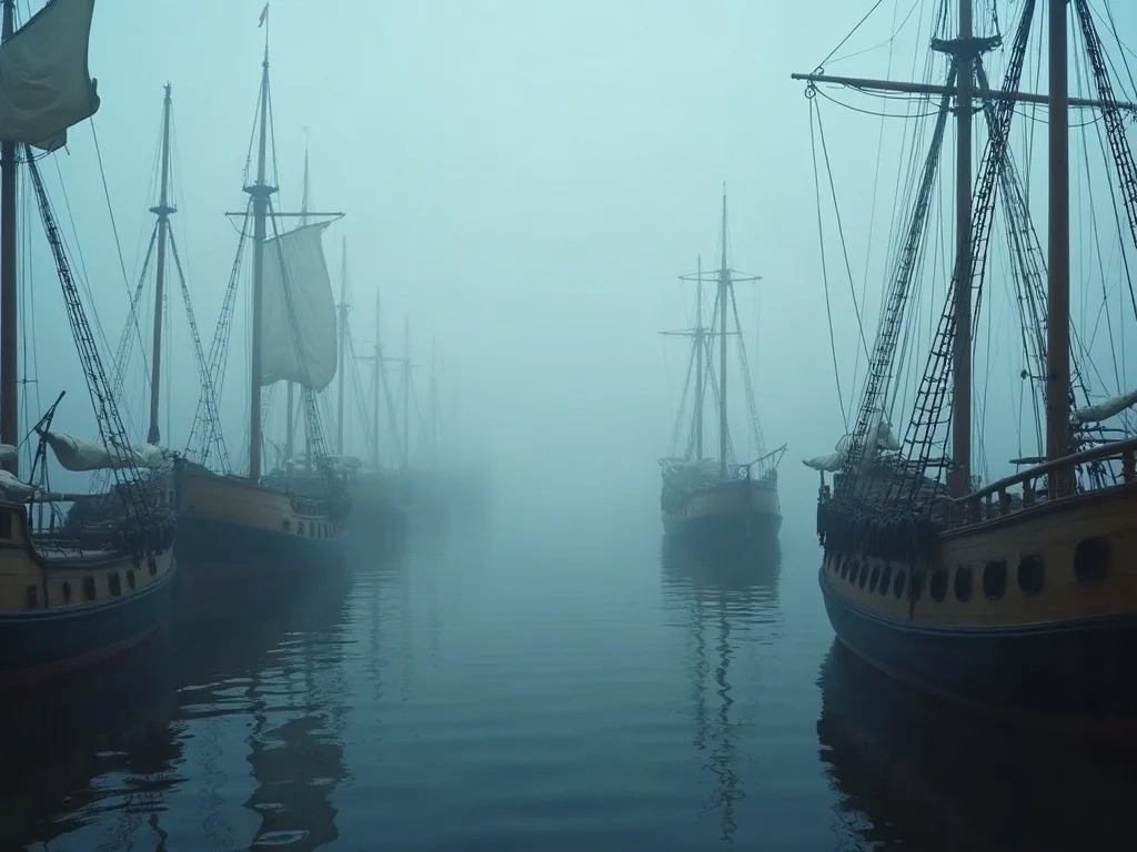 Voiliers aux mâts élancés immobiles dans le brouillard du port, eaux calmes et ciel pâle à l'aube.