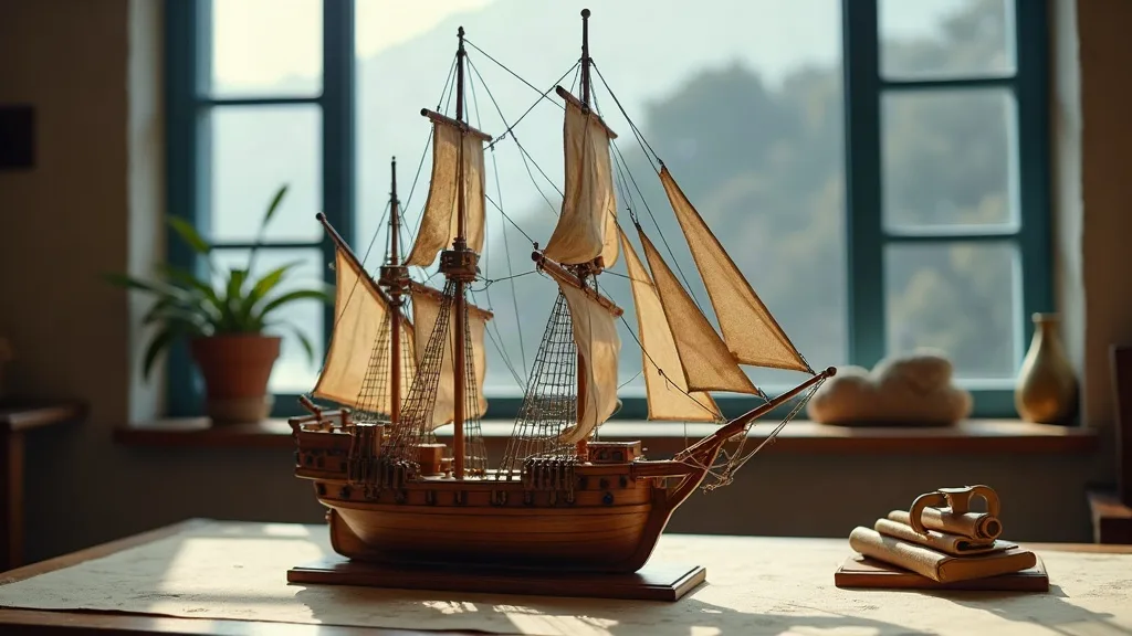 Maquette en bois d'un trois-mâts marchand à poupe relevée, voiles claires déployées, posée sur une table près de la fenêtre.