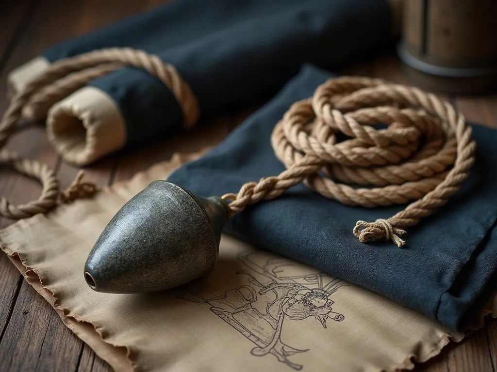 La sonde de plomb à base creuse, sa ligne nouée et un cordage de chanvre lové sur des planches de chêne usées.