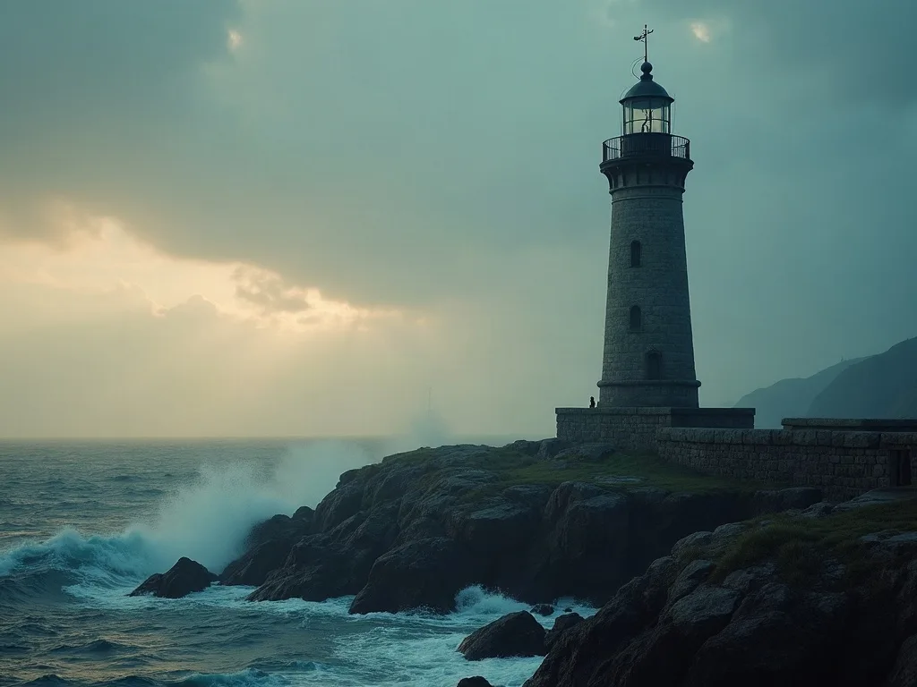 Phare en pierre sur rochers battus par les vagues, ciel dégagé en arrière-plan.
