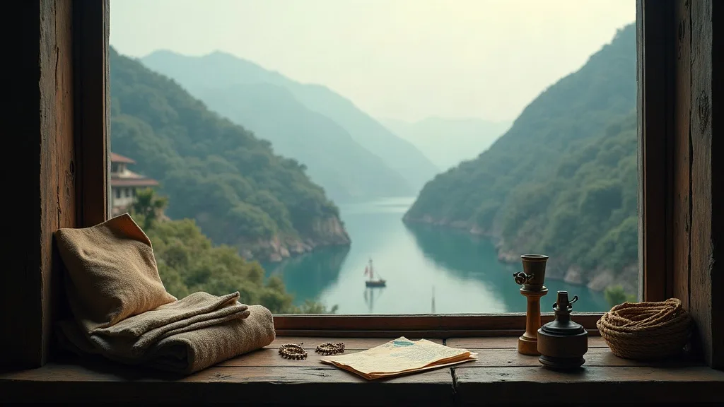 Vue depuis une fenêtre de pierre sur un lac de montagne encadré de pics boisés, avec un livre et des objets anciens sur le rebord.