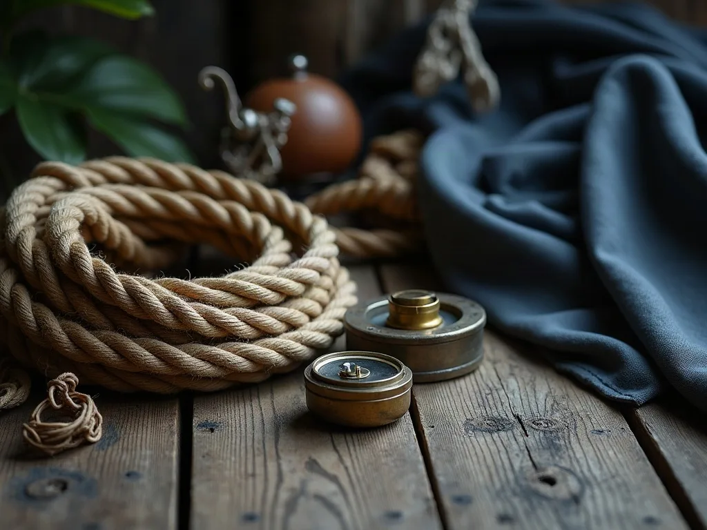 Cordages en chanvre enroulés sur le bois patiné d'un pont de navire, avec boussole et tissu bleu.