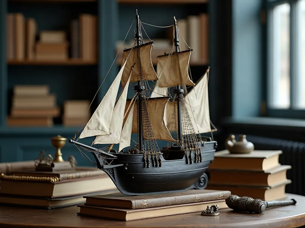 Maquette de voilier à coque noire posée sur des livres, gréement et voiles de toile éclairés de côté.