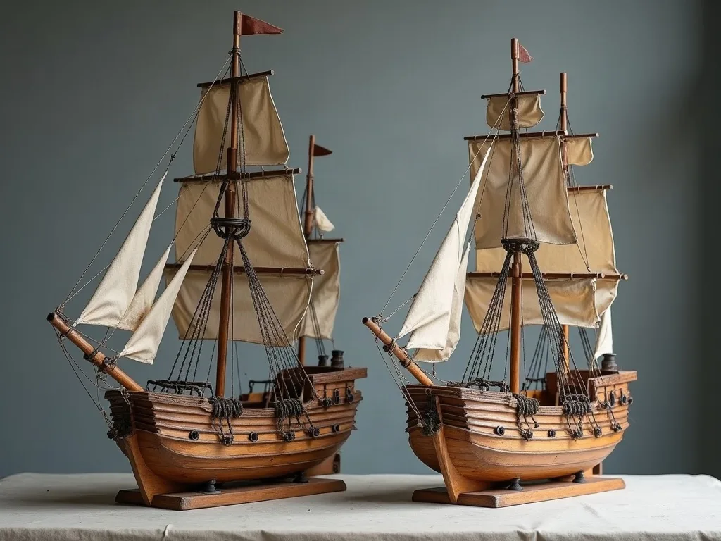 Deux maquettes de voiliers en bois sur socle, coques arrondies, voiles de toile écrue et gréement cordé, devant un fond gris.