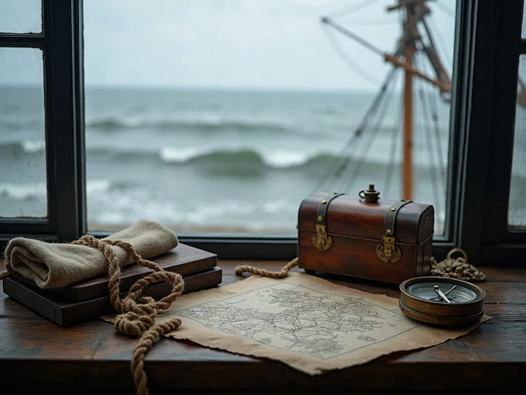 Sur le rebord de fenêtre, carte marine usée, compas de laiton, coffret de bois et cordage face aux vagues grises.