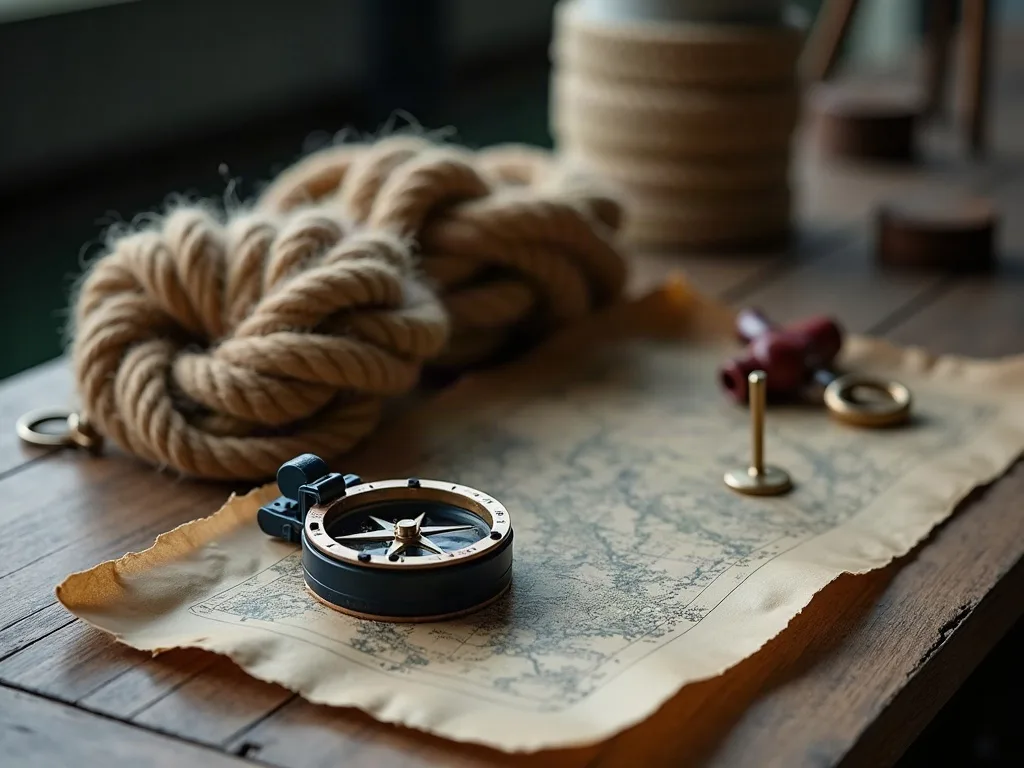 Une boussole jouet posée sur une carte vieillie, près d'un cordage lové sur une table en bois.