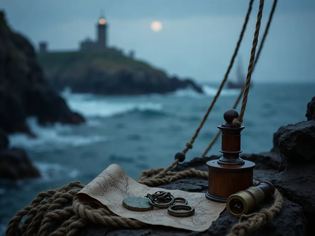 Carte marine, cordages et instruments de navigation sur rocher face au phare et à la côte escarpée.