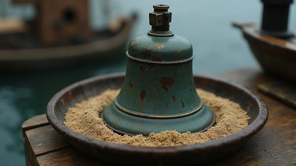 Cloche en bronze à patine verte posée sur un lit de sable dans un plateau de bois, au bord du quai.