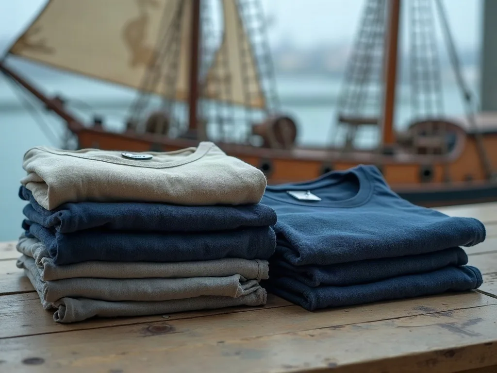 Deux piles de tee-shirts pliés, jersey clair et bleu marine plus dense, sur une table en bois face au voilier.