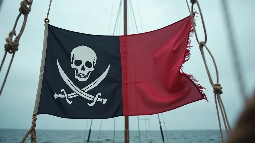 Pavillon mi-noir à crâne et sabres croisés, mi-rouge effiloché, tendu dans le gréement au-dessus d'une mer grise.