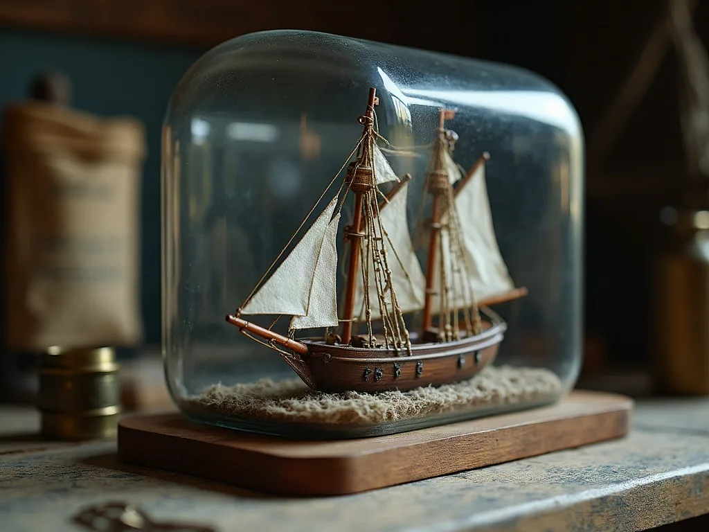 Voilier miniature à coque de bois et voiles de toile, enfermé sous une cloche de verre posée sur un socle en bois.