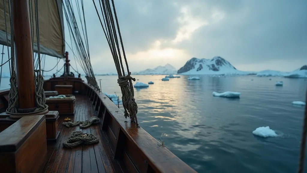Pont d'un voilier en bois face à des icebergs et montagnes enneigées dans l'océan arctique au lever du jour.