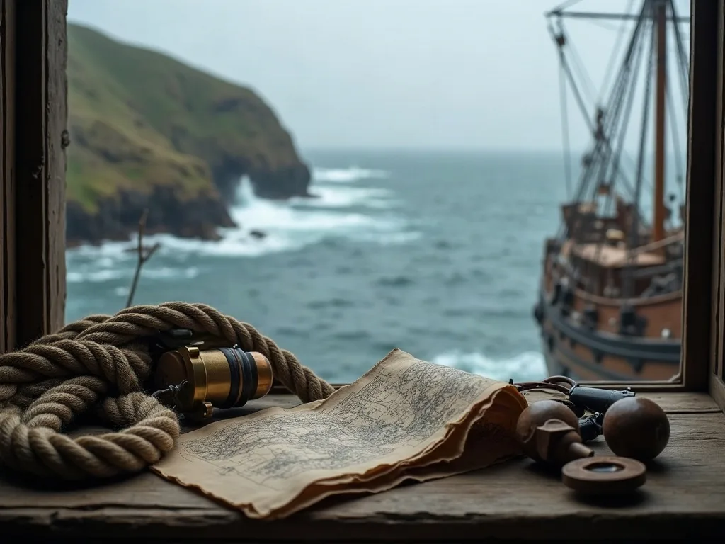 Carte marine, cordage, télescope et compas sur une table face à une côte rocheuse et un voilier ancien.