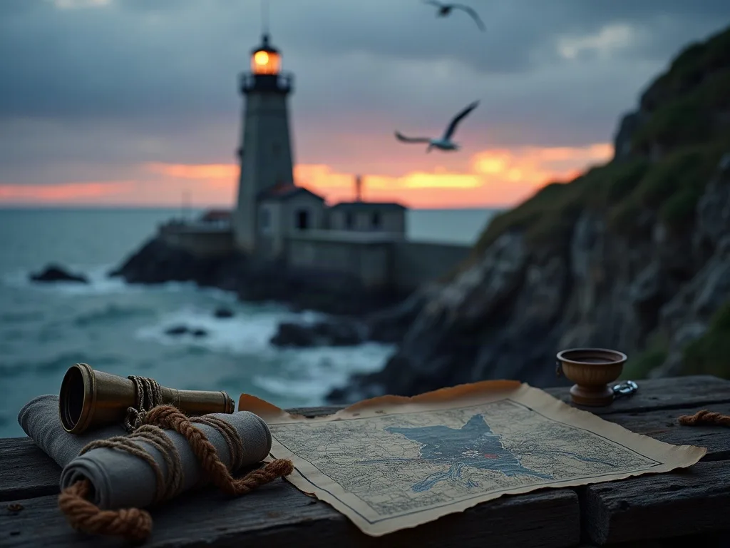 Carte marine, jumelles et boussole face au phare illuminé au crépuscule sur la côte rocheuse.