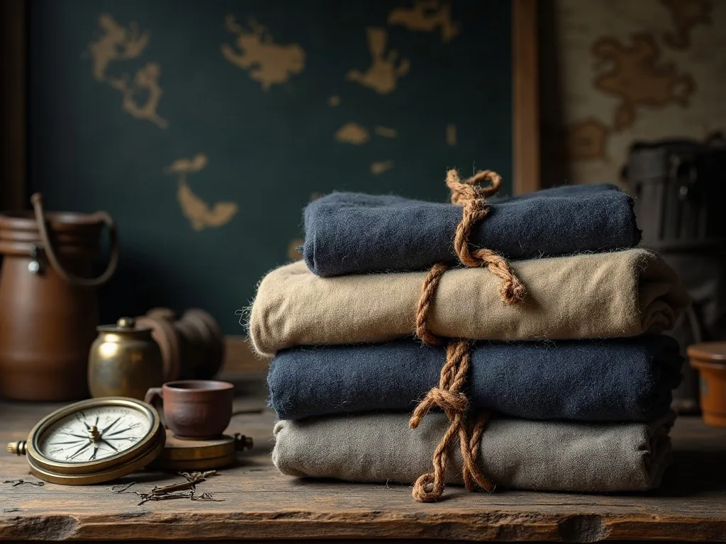 Pile de couvertures de laine bleue, beige et grise liées par une corde de chanvre sur un comptoir de bois, près d'une boussole en laiton.