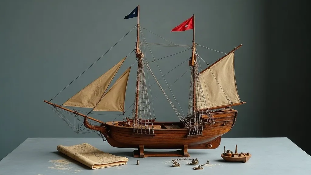 Maquette en bois à deux mâts sur son berceau, voiles de toile écrue, carte pliée et petites pièces de gréement posées à côté.