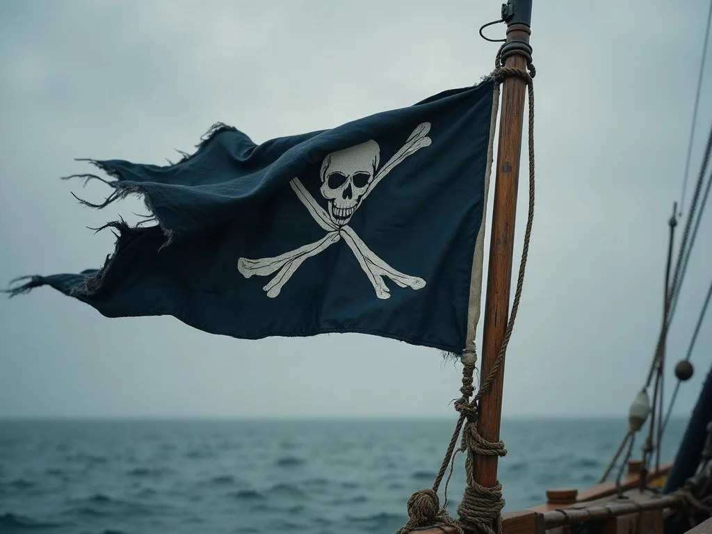 Drapeau pirate noir claquant au vent sur un mât en bois, au-dessus de la mer grise.