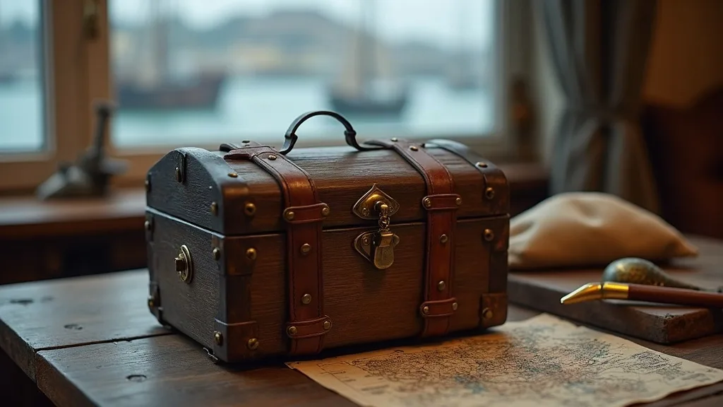 Petit coffre en bois cerclé de sangles de cuir, poignée et loquet de laiton, posé près d'une carte marine.