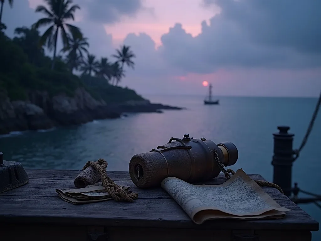 Lunette marine et carte ancienne sur un ponton en bois face à la baie tropicale au coucher du soleil.