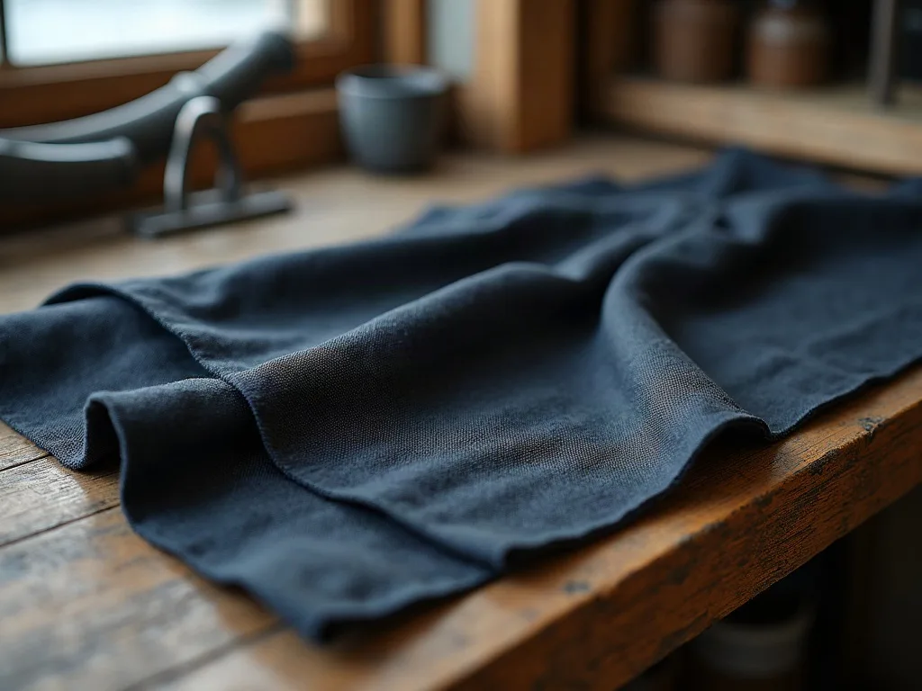 Étoffe bleu nuit à tissage lâche étalée en plis souples sur un établi de bois patiné, près de la fenêtre.