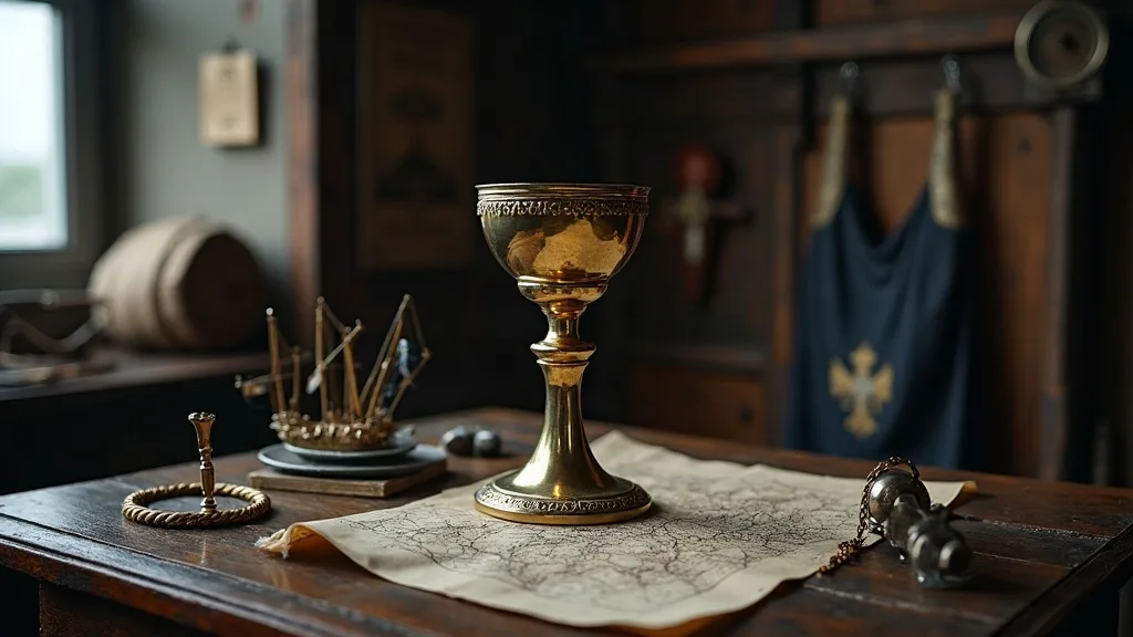 Calice doré posé sur une carte ancienne, entouré d'objets liturgiques dans une sacristie en bois sombre.