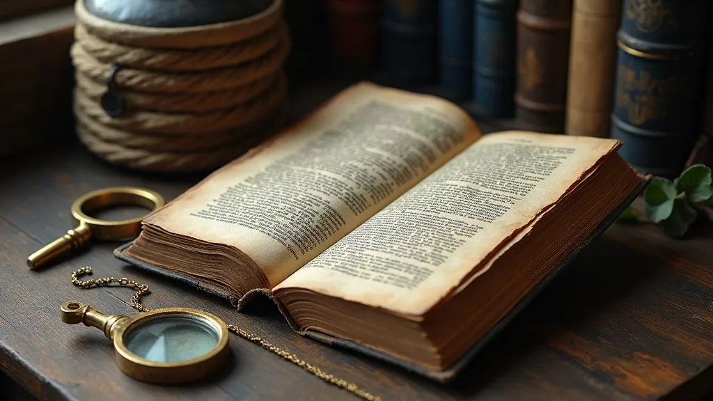 Livre ancien ouvert sur une table de chêne sombre, pages jaunies et serrées, loupe et clé en laiton à côté.