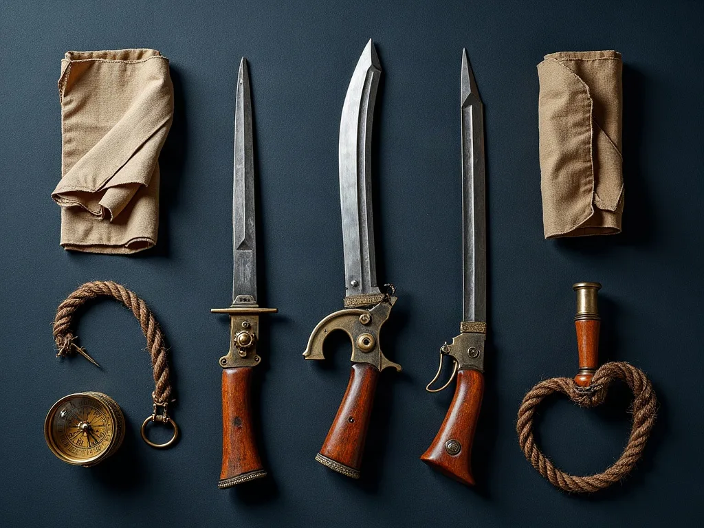 Trois lames à poignée de bois disposées sur toile sombre, entre chiffons de lin, cordages et boussole en laiton.