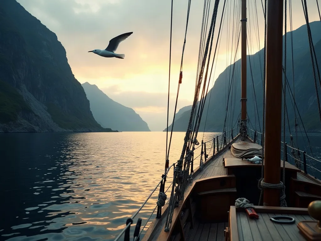 Vue depuis le pont d'un voilier naviguant dans un fjord montagneux au coucher de soleil, avec un oiseau en vol au-dessus de l'eau calme.