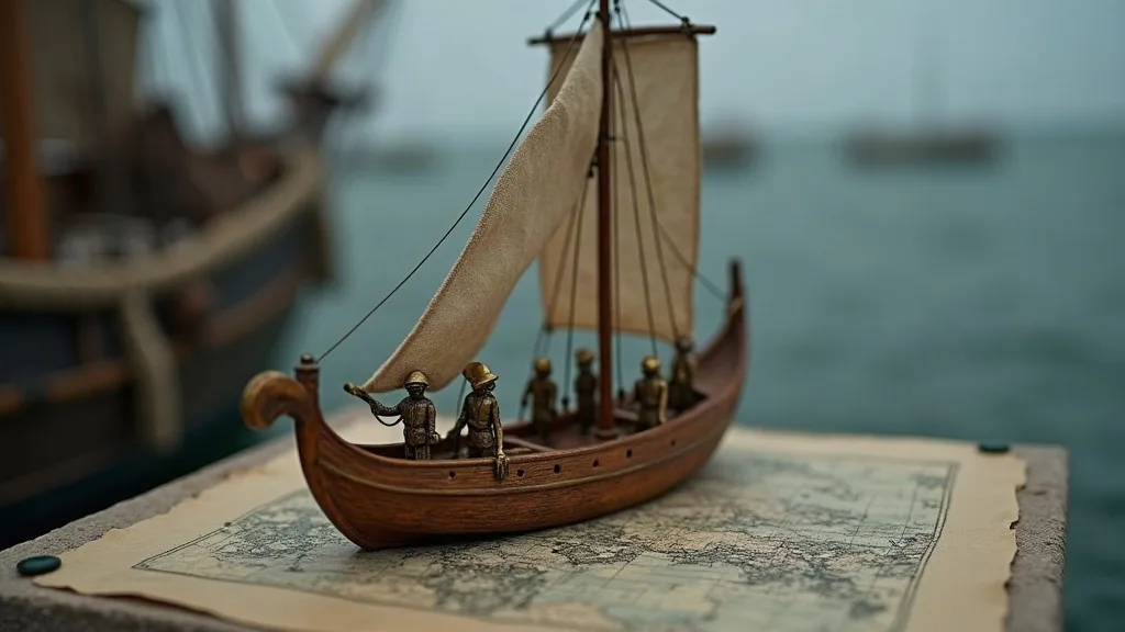 Maquette de bateau en bois à voile de toile, équipage de figurines dorées, posée sur une carte ancienne face à la mer.