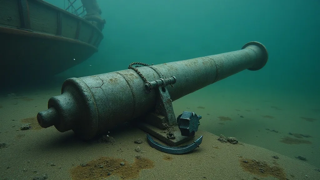 Canon concrétionné et ancre corrodée posés sur le fond sableux, coque d'épave dans l'eau verte.